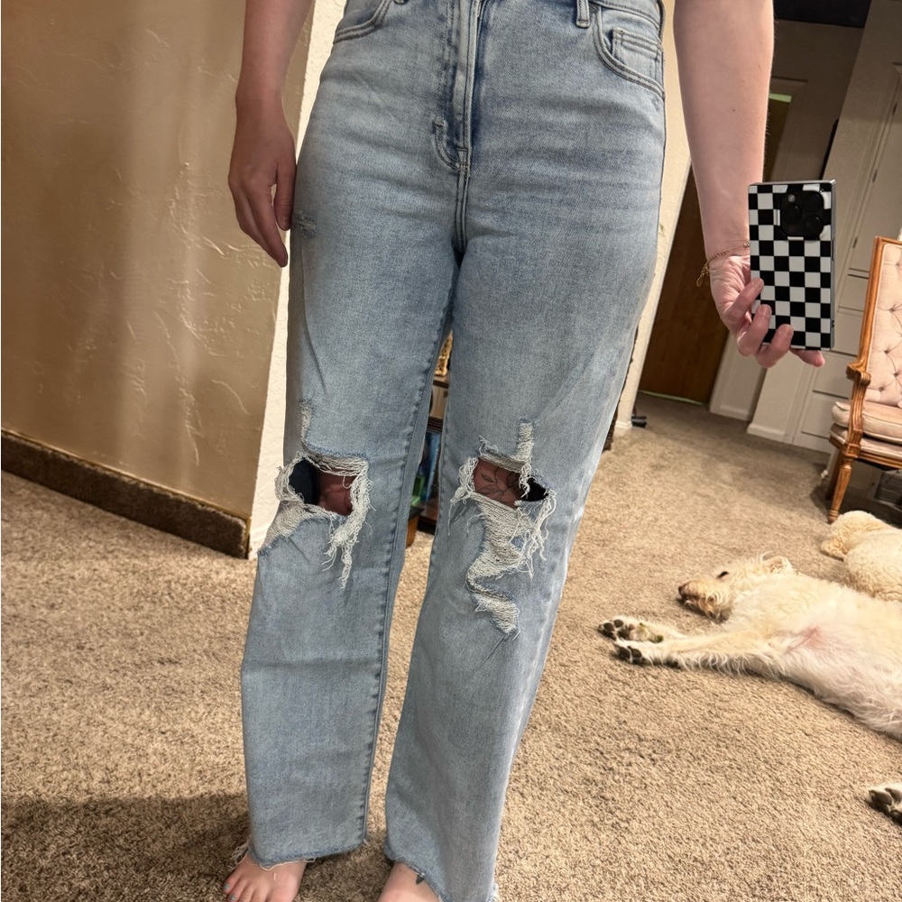 Blue Straight Leg Distressed Jeans